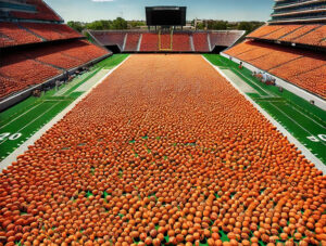 Football Field Covered in Basketballs