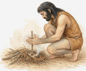 caveman making fire